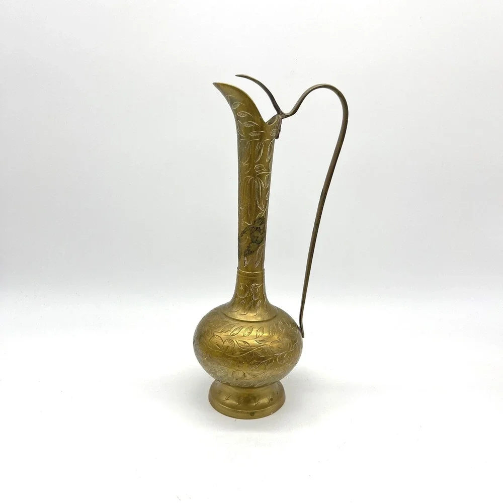 Vintage World Gift India Hand Etched Brass Pitcher Vase Floral Design 10.5